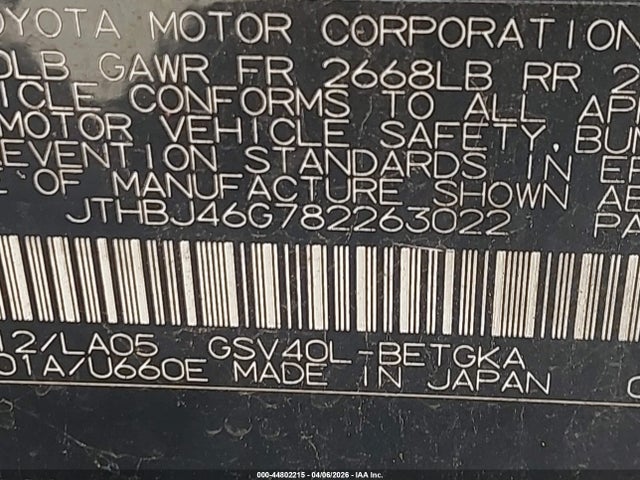 44802215 :رقم المزاد ، JTHBJ46G782263022 vin ، 2008 Lexus Es 350 مزاد بيع