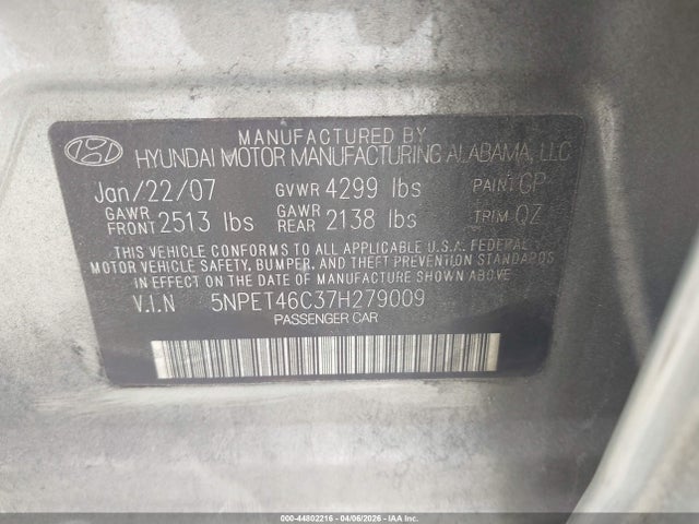 Aukcja sprzedaży 2007 Hyundai Sonata Gls, vin: 5NPET46C37H279009, numer aukcji: 44802216