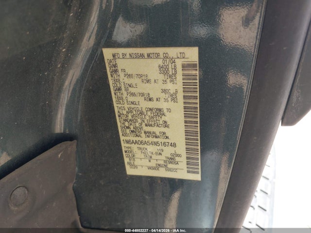 Продаж на аукціоні авто 2004 Nissan Titan Se, vin: 1N6AA06A54N516748, номер лоту: 44802227