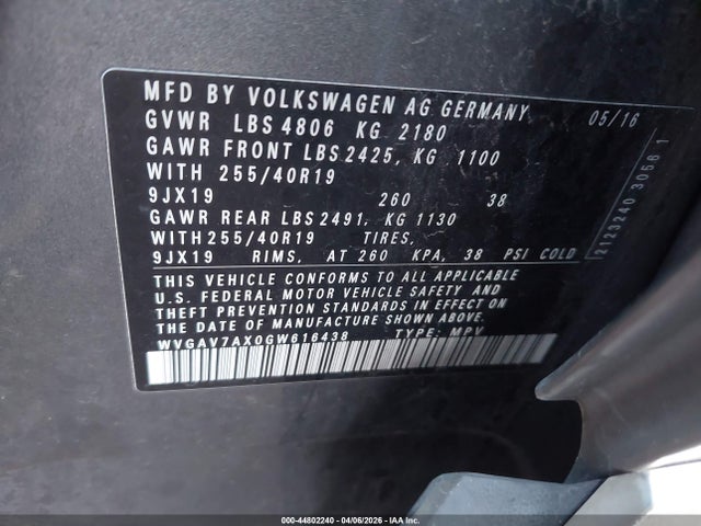 2016 VOLKSWAGEN TIGUAN WVGAV7AX0GW616438 Photo 8