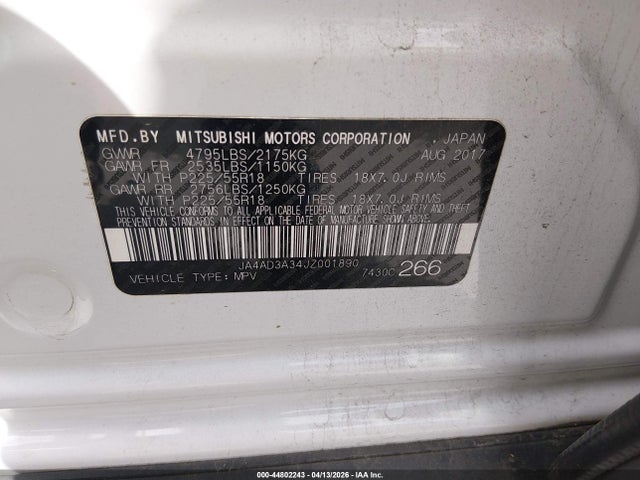 Aukcja sprzedaży 2018 Mitsubishi Outlander Se, vin: JA4AD3A34JZ001890, numer aukcji: 44802243