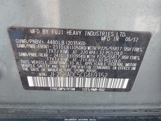 44802245 :رقم المزاد ، JF2SHADC5CG469352 vin ، 2012 Subaru Forester 2.5x Premium مزاد بيع