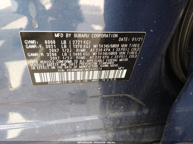 Продажа на аукционе авто 2021 Subaru Ascent Limited, vin: 4S4WMAMD3M3436374, номер лота: 44802248