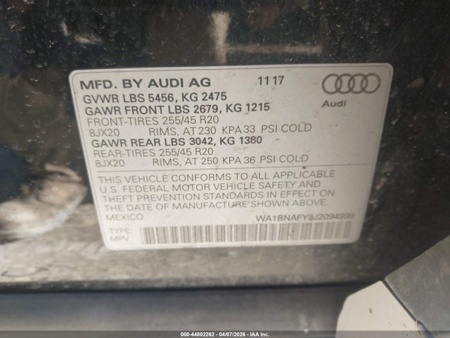 2018 Audi Q5 2.0t Premium/2.0t Tech Premium მანქანა იყიდება აუქციონზე, vin: WA1BNAFY3J2094999, აუქციონის ნომერი: 44802262