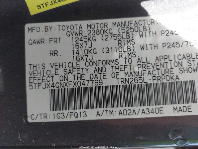 2015 Toyota Tacoma Prerunner მანქანა იყიდება აუქციონზე, vin: 5TFJX4GNXFX047769, აუქციონის ნომერი: 44802263