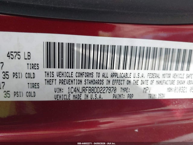 2013 Jeep Patriot Latitude მანქანა იყიდება აუქციონზე, vin: 1C4NJRFB8DD227970, აუქციონის ნომერი: 44802271