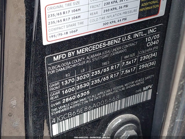 Aukcja sprzedaży 2006 Mercedes-benz R 350 4matic, vin: 4JGCB65E86A005668, numer aukcji: 44802283