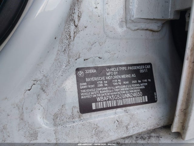 2011 Bmw 328i Xdrive მანქანა იყიდება აუქციონზე, vin: WBAPK5G52BNN24650, აუქციონის ნომერი: 44802287
