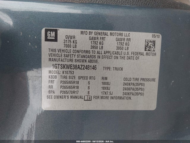 2010 Gmc Sierra 1500 Slt მანქანა იყიდება აუქციონზე, vin: 1GTSKWE38AZ248146, აუქციონის ნომერი: 44802289