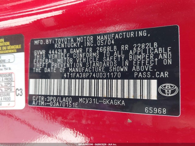 2004 TOYOTA CAMRY SOLARA 4T1FA38P74U031170 Photo 8