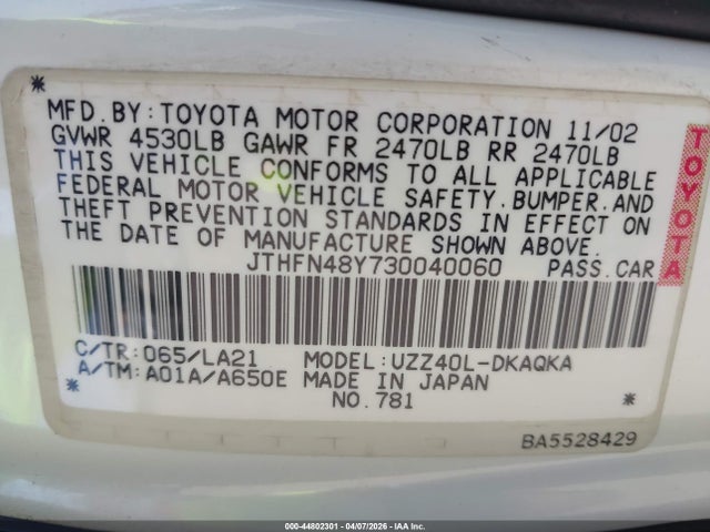 Auction sale of the 2003 Lexus Sc 430, vin: JTHFN48Y730040060, lot number: 44802301