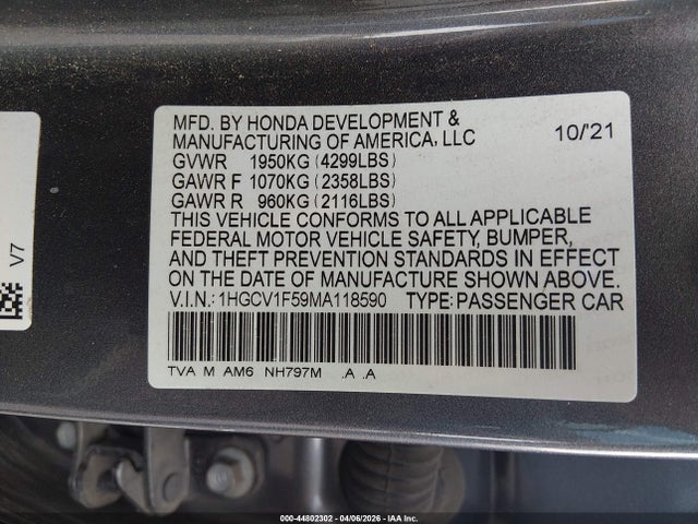 1HGCV1F59MA118590 Honda Accord Ex-l