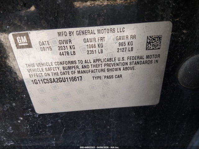 Aukcja sprzedaży 2016 Chevrolet Malibu Limited Lt, vin: 1G11C5SA2GU116617, numer aukcji: 44802303