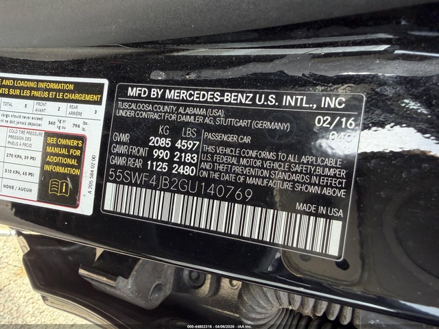 44802316 :رقم المزاد ، 55SWF4JB2GU140769 vin ، 2016 Mercedes-benz C 300 مزاد بيع
