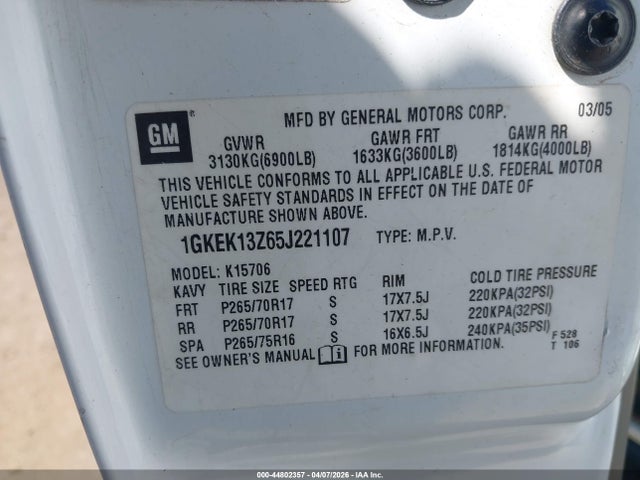 2005 Gmc Yukon Slt მანქანა იყიდება აუქციონზე, vin: 1GKEK13Z65J221107, აუქციონის ნომერი: 44802357