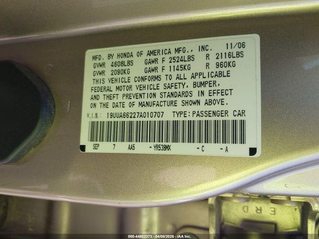 2007 ACURA TL 19UUA66227A010707 Photo 8
