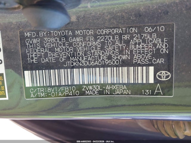 Aukcja sprzedaży 2010 Toyota Prius Iii, vin: JTDKN3DU6A0195001, numer aukcji: 44802383