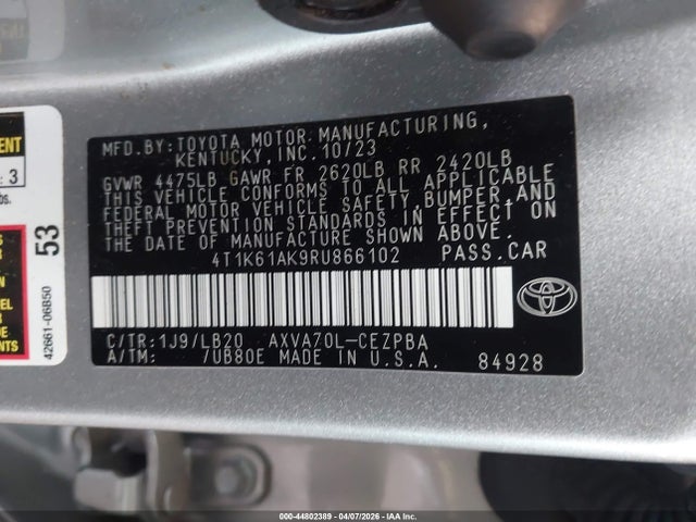 Auction sale of the 2024 Toyota Camry Xse, vin: 4T1K61AK9RU866102, lot number: 44802389