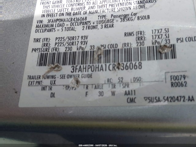 Auction sale of the 2012 Ford Fusion Se, vin: 3FAHP0HA1CR436068, lot number: 44802390
