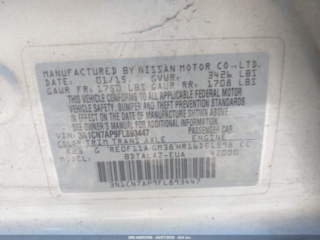 Nissan Versa 1.6 S+ 2015 3N1CN7AP9FL893447 Image 9