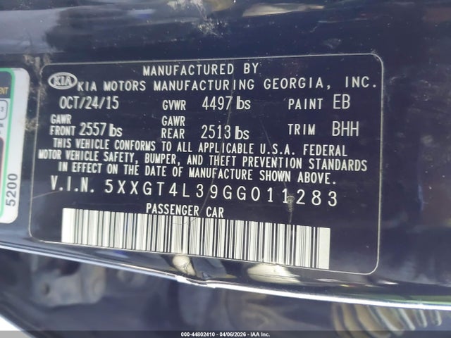 2016 Kia Optima Lx მანქანა იყიდება აუქციონზე, vin: 5XXGT4L39GG011283, აუქციონის ნომერი: 44802410