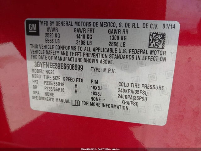 Продаж на аукціоні авто 2014 Cadillac Srx Luxury Collection, vin: 3GYFNEE39ES608699, номер лоту: 44802432