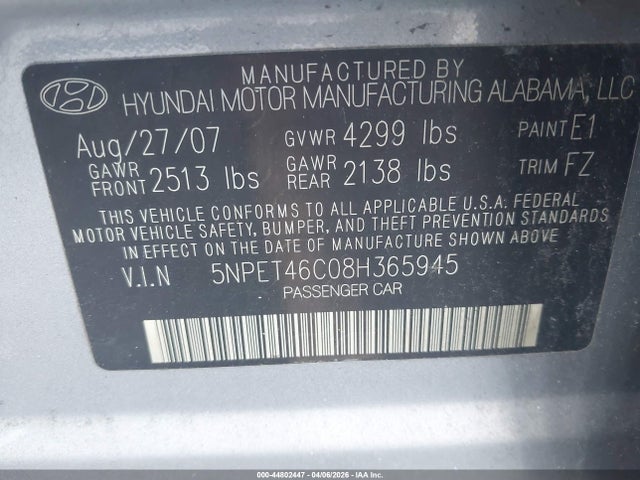 Продажа на аукционе авто 2008 Hyundai Sonata Gls, vin: 5NPET46C08H365945, номер лота: 44802447