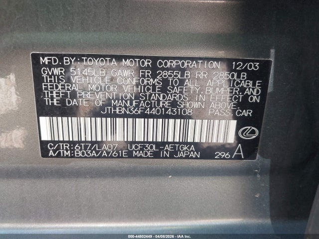 2004 LEXUS LS 430 JTHBN36F440143108 Photo 8