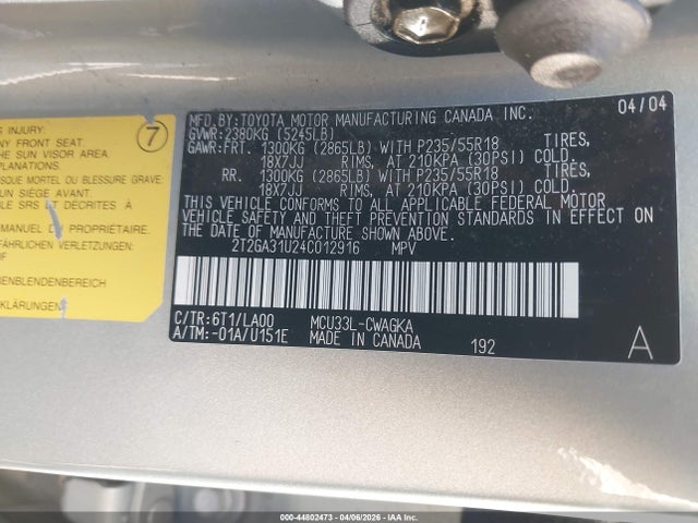44802473 :رقم المزاد ، 2T2GA31U24C012916 vin ، 2004 Lexus Rx 330 مزاد بيع
