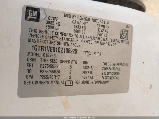 Продажа на аукционе авто 2012 Gmc Sierra 1500 Sle, vin: 1GTR1VE01CZ108928, номер лота: 44802484