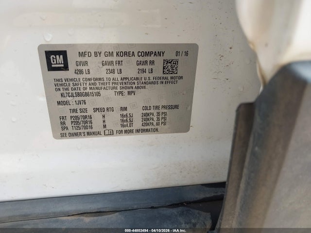 KL7CJLSB0GB615105 Chevrolet Trax Lt