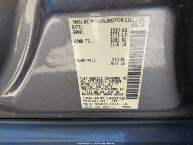 Nissan Altima 2.5 Sv 2015 1N4AL3AP3FC148018 Image 9