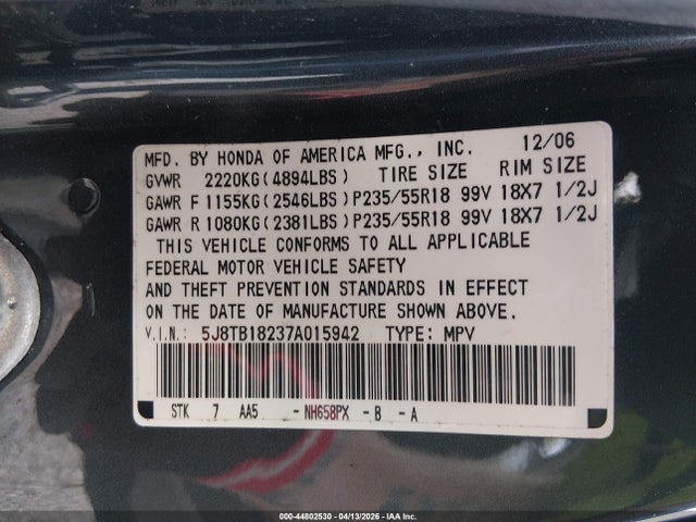 44802530 :رقم المزاد ، 5J8TB18237A015942 vin ، 2007 Acura Rdx مزاد بيع
