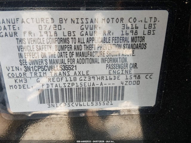 Продажа на аукционе авто 2020 Nissan Kicks Sv Xtronic Cvt, vin: 3N1CP5CV6LL535521, номер лота: 44802533