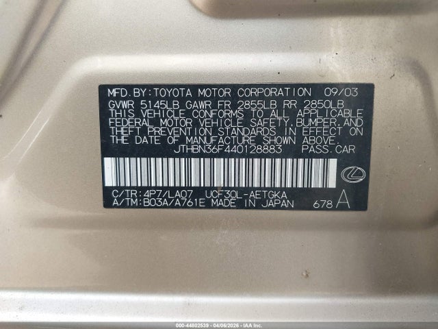 44802539 :رقم المزاد ، JTHBN36F440128883 vin ، 2004 Lexus Ls 430 مزاد بيع