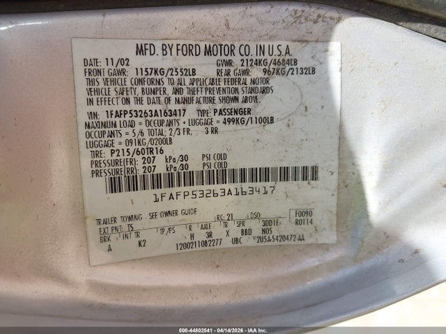 2003 FORD TAURUS 1FAFP53263A163417 Photo 8
