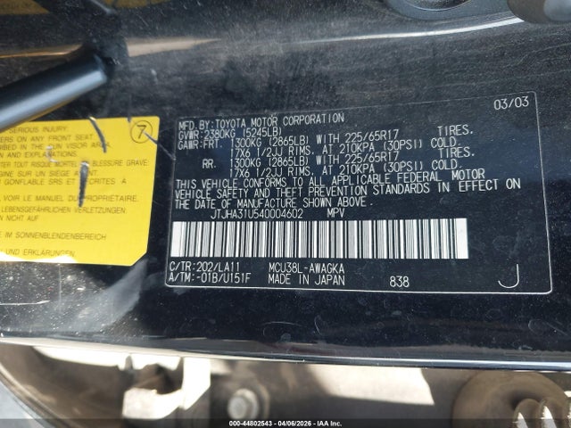 Aukcja sprzedaży 2004 Lexus Rx 330, vin: JTJHA31U540004602, numer aukcji: 44802543