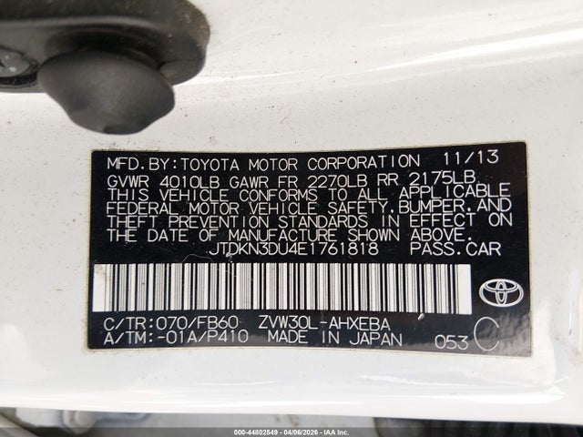 JTDKN3DU4E1761818 Toyota Prius Three
