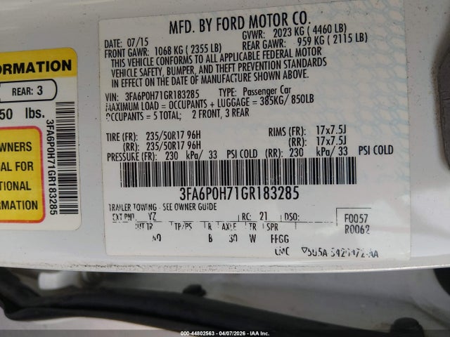 Продажа на аукционе авто 2016 Ford Fusion Se, vin: 3FA6P0H71GR183285, номер лота: 44802563
