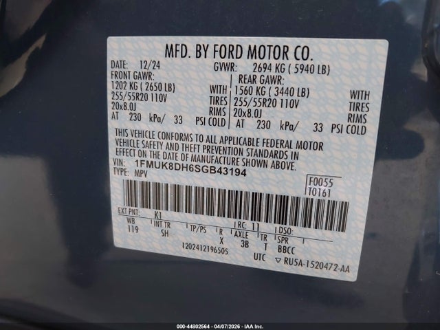 44802564 :رقم المزاد ، 1FMUK8DH6SGB43194 vin ، 2025 Ford Explorer Active مزاد بيع