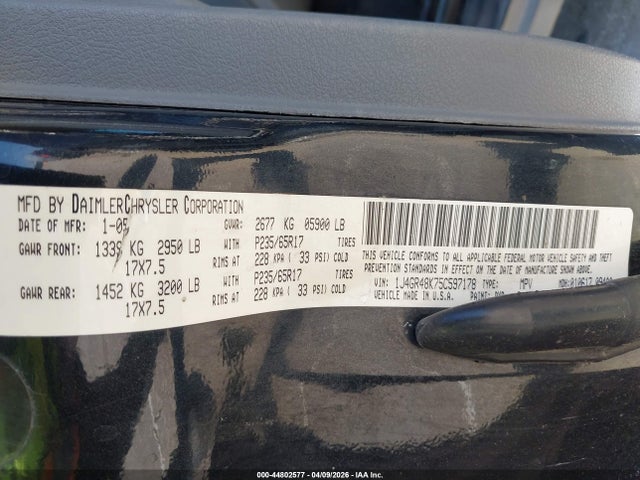 44802577 :رقم المزاد ، 1J4GR48K75C597178 vin ، 2005 Jeep Grand Cherokee Laredo مزاد بيع