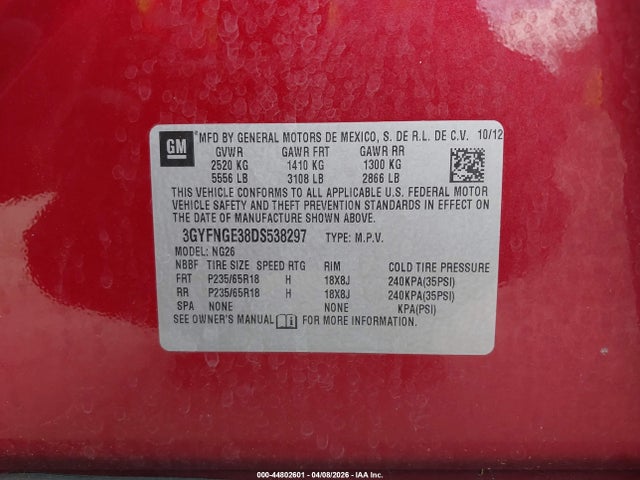 Продаж на аукціоні авто 2013 Cadillac Srx Luxury Collection, vin: 3GYFNGE38DS538297, номер лоту: 44802601