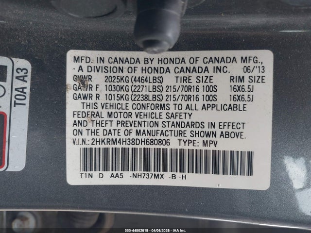 Продажа на аукционе авто 2013 Honda Cr-v Lx, vin: 2HKRM4H38DH680806, номер лота: 44802619