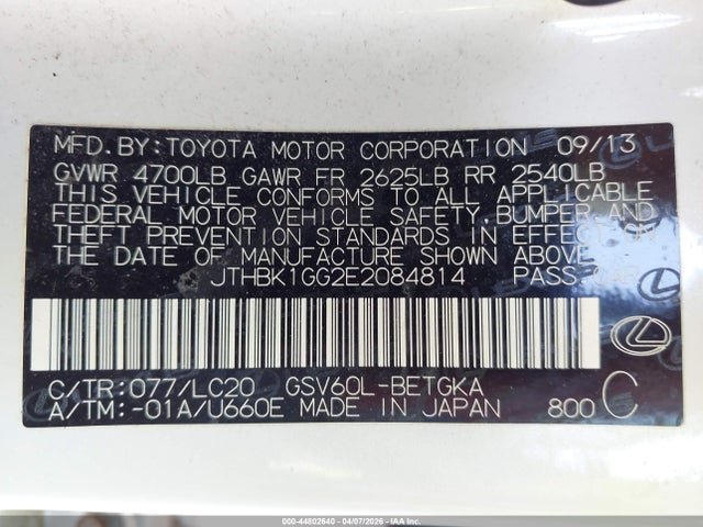 Aukcja sprzedaży 2014 Lexus Es 350, vin: JTHBK1GG2E2084814, numer aukcji: 44802640