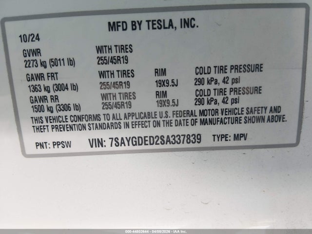 2025 Tesla Model Y Long Range Dual Motor Rear-wheel Drive მანქანა იყიდება აუქციონზე, vin: 7SAYGDED2SA337839, აუქციონის ნომერი: 44802644