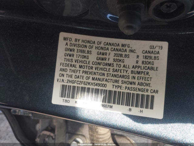 Aukcja sprzedaży 2019 Honda Civic Lx, vin: 2HGFC2F62KH549000, numer aukcji: 44802648