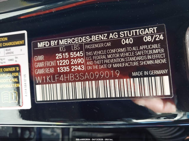 44802654 :رقم المزاد ، W1KLF4HB3SA099019 vin ، 2025 Mercedes-benz E 350 مزاد بيع