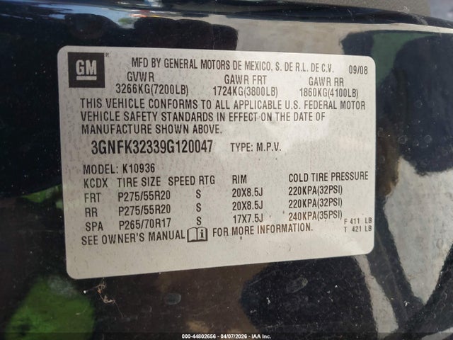 Aukcja sprzedaży 2009 Chevrolet Avalanche 1500 Ltz, vin: 3GNFK32339G120047, numer aukcji: 44802656