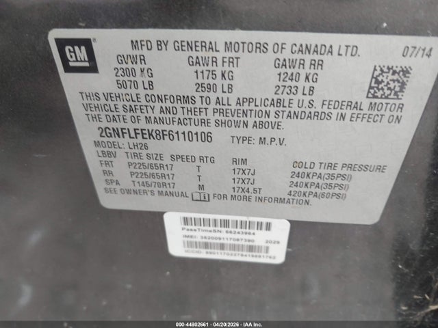 44802661 :رقم المزاد ، 2GNFLFEK8F6110106 vin ، 2015 Chevrolet Equinox 1lt مزاد بيع