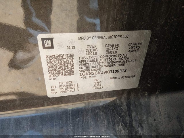 Продажа на аукционе авто 2019 Gmc Yukon Denali, vin: 1GKS2CKJ9KR109313, номер лота: 44802668